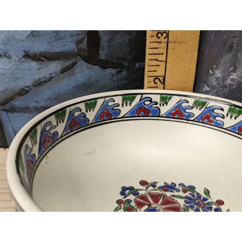 Hand painted Signed Small Turkish Bowl Red Green Floral Deer Trinkets Jewelry